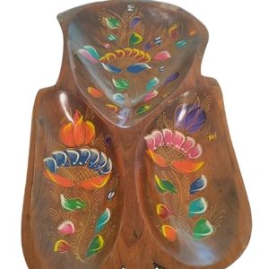 Vintage Painted Carved Batea Wood Monkey Pod Bowl Folklore Art Boho Decor.